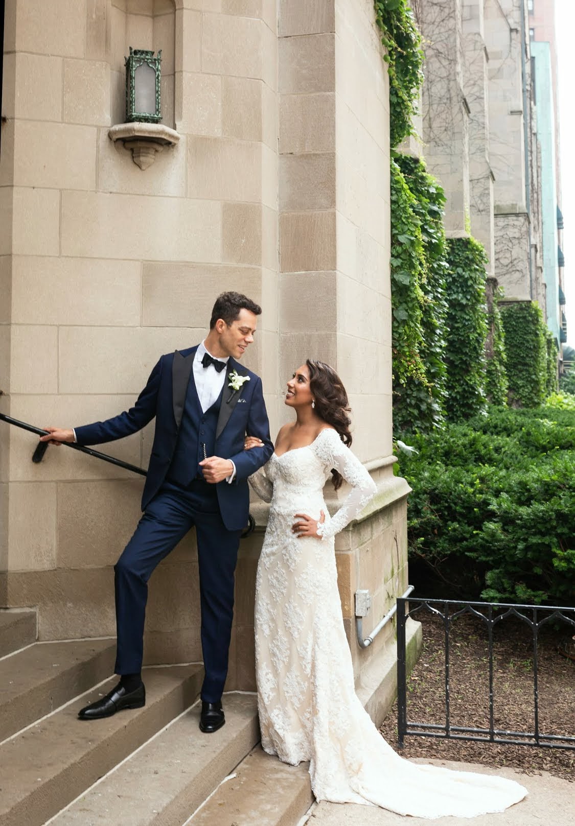 Couple wedding photo shot, 3-piece blue tuxedo, wedding dress, chicago wedding, wedding gown